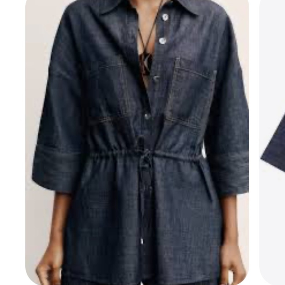 Zara Drawstring Waist Denim Utility Shirt Safari Style 3/4 Sleeve Size XS - Picture 2 of 7